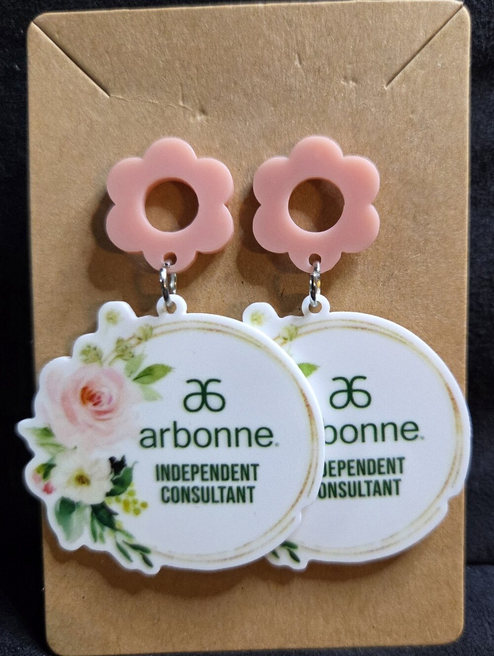 Arbonne Floral Logo Pink Flower Dangle Earrings